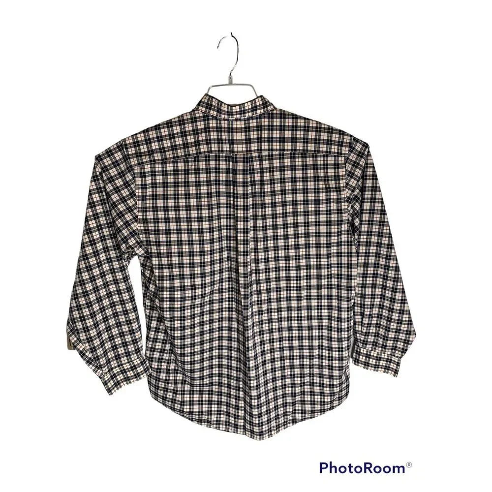 LL Bean Mens LG Wrinkle Resistant Button Collar Red White Blue Plaid Long Sleeve